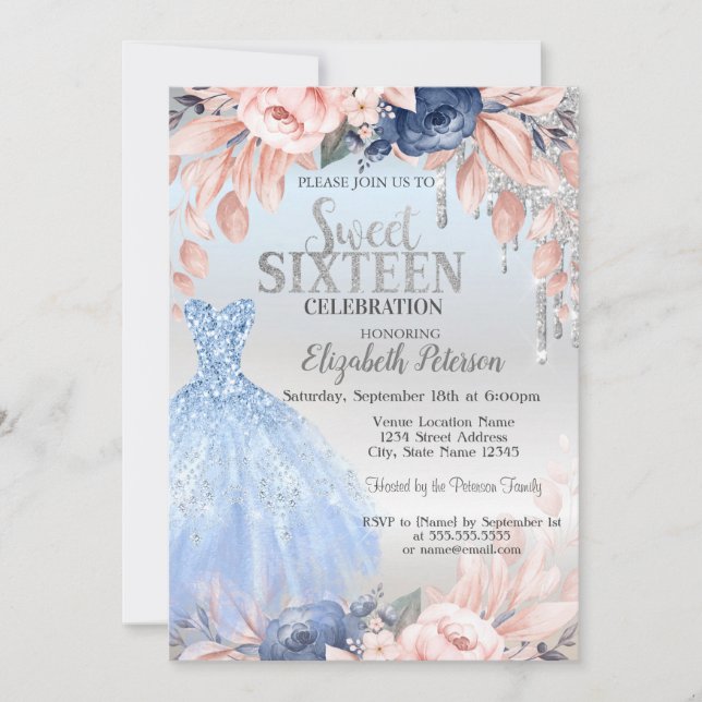 Glitter Drips,Blue Flowers Dress Silver Sweet 16  Invitation (Front)
