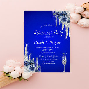 Glitter Drips,Blue Flowers Royal Blue Retirement Invitation