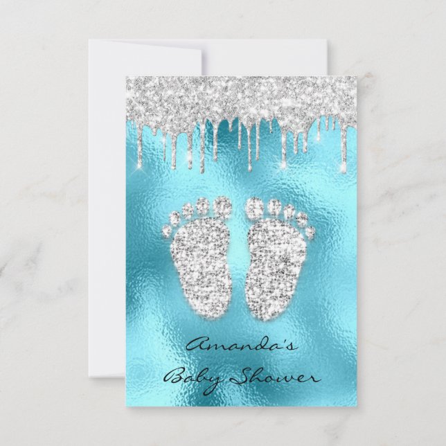 Glitter Drips Blue  Gray Baby Boy  Shower Feet Invitation (Back)