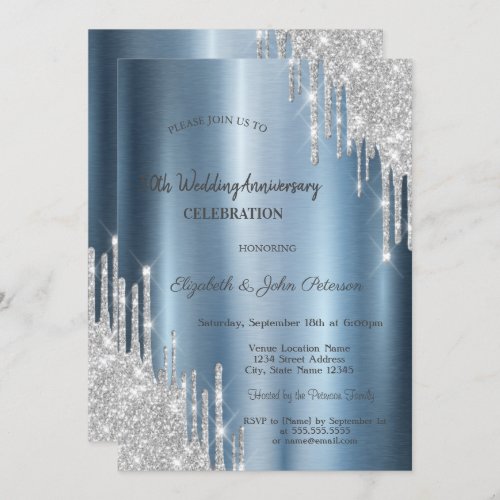  Glitter Drips Blue Metallic Wedding Anniversary Invitation