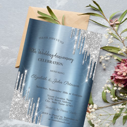  Glitter Drips Blue Metallic Wedding Anniversary Invitation