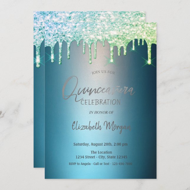 Glitter Drips Blue Quinceanera Invitation (Front/Back)