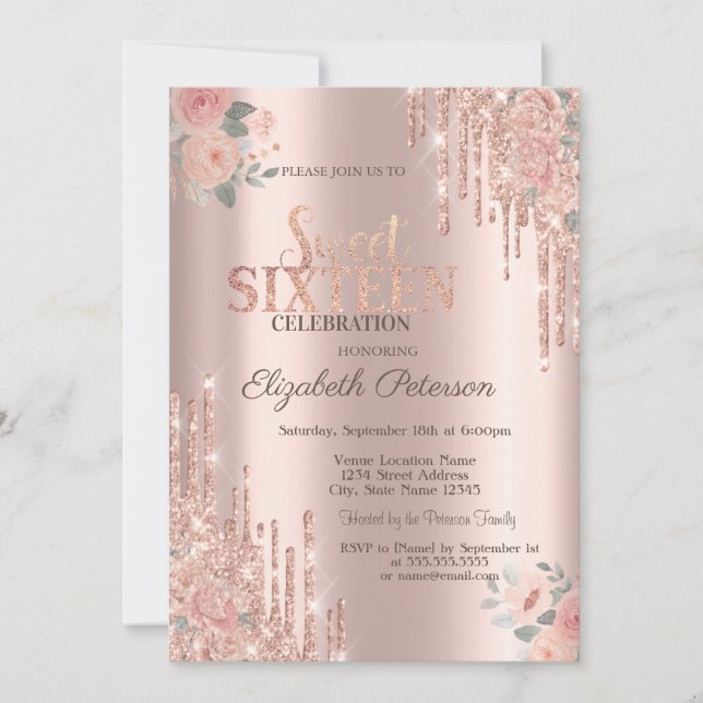 Glitter Drips Boho Roses Rose Gold  Sweet 16 Invitation (Front)