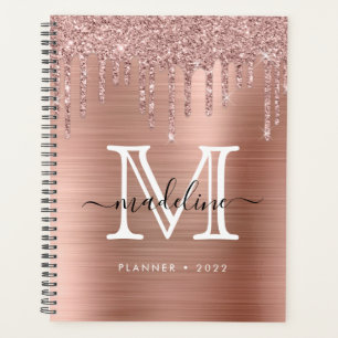 Glitter Drips Brushed Metal Rose Gold Monogram Planner