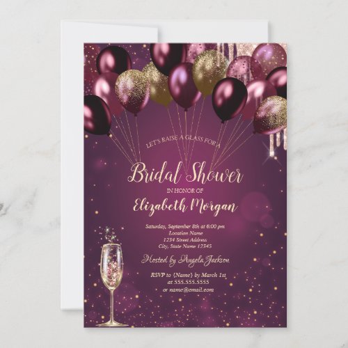 Glitter Drips Burgundy Balloons Bridal Shower Invitation