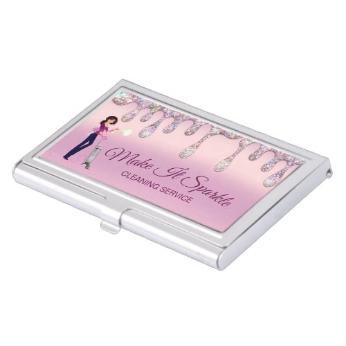 Glitter Drips Cartoon Maid Cleaning Service Business Card Case