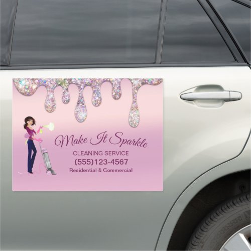 Glitter Drips Cartoon Maid Cleaning Service Car Magnet