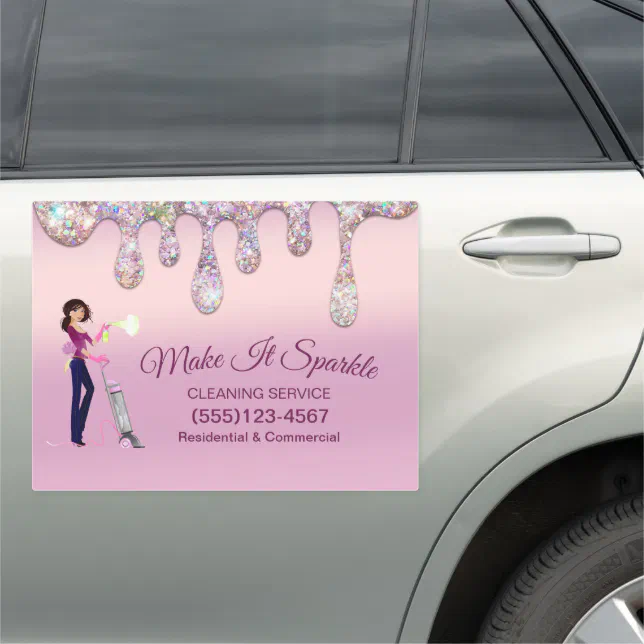 Glitter Drips Cartoon Maid Cleaning Service Car Magnet | Zazzle