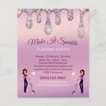 Glitter Drips Cartoon Maid Cleaning Service Flyer by tyraobryant at Zazzle