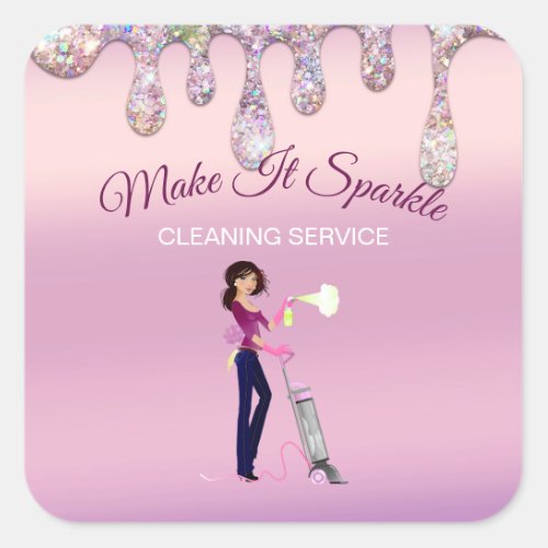 Glitter Drips Cartoon Maid Cleaning Service Square Sticker