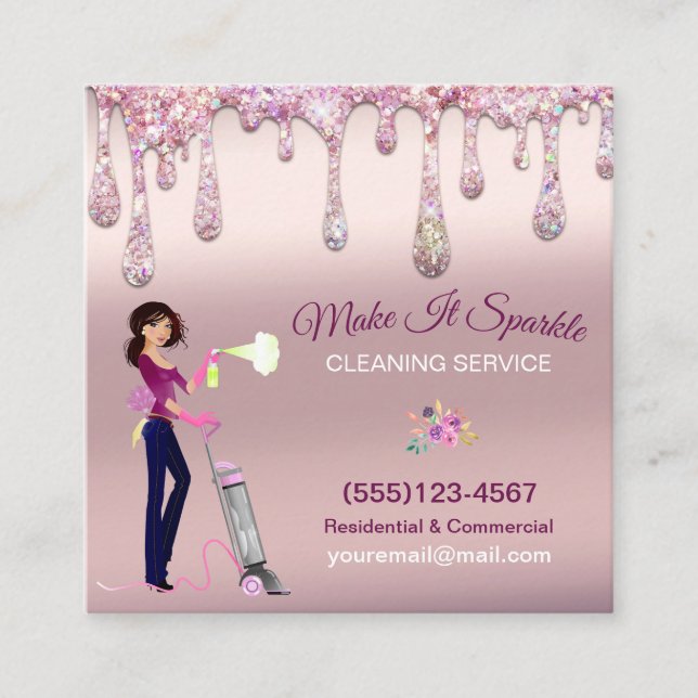 Glitter Drips Cartoon Maid Cleaning Services Square Business Card (Front)