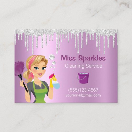 Glitter Drips Cartoon Maid House Cleaning Services Business Card