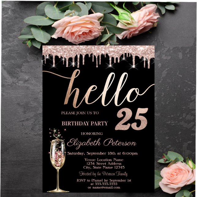 Glitter Drips,Champagne Glass 25th Birthday Party  Invitation (Creator Uploaded)