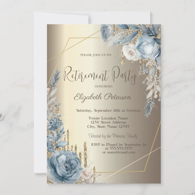 Glitter Drips Champagne Gold Blue Roses Frame Invitation (Front)