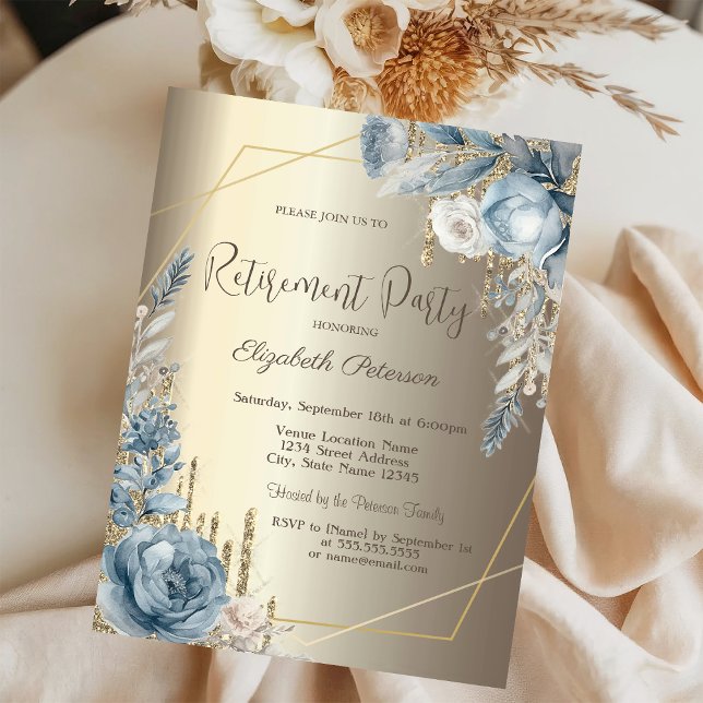 Glitter Drips Champagne Gold Blue Roses Frame Invitation (Creator Uploaded)