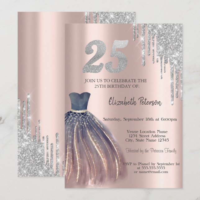 Glitter Drips, Chic Dress 25th Birthday  Invitation (Front/Back)