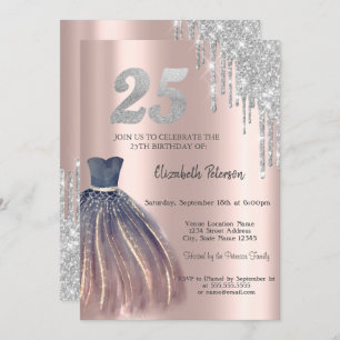 Glitter Drips, Chic Dress 25th Birthday Invitation