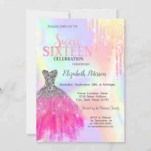 Glitter Drips,Chic Dress Holographic Sweet 16 Invitation