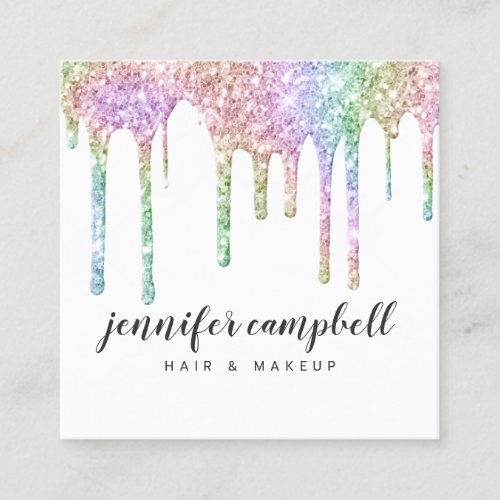 Glitter drips chic hair makeup holographic unicorn square business card