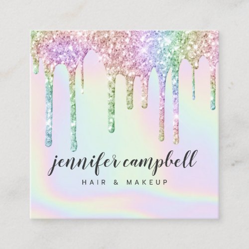 Glitter drips chic makeup hair holographic unicorn square business card