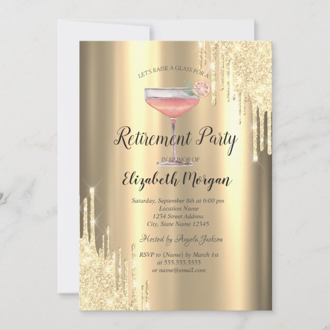 Glitter Drips,Cocktail,Gold Retirement    Invitation (Front)