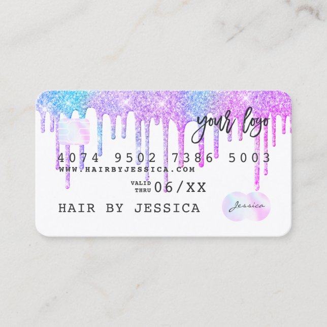 Glitter drips Credit card holographic unicorn pink (Front)