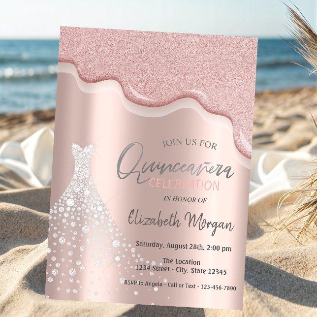  Glitter Drips Diamonds Dress Quinceañera  Invitation (Creator Uploaded)