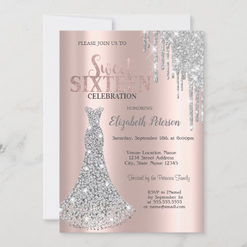 Glitter DripsDiamonds Dress Rose Gold Sweet 1 Invitation