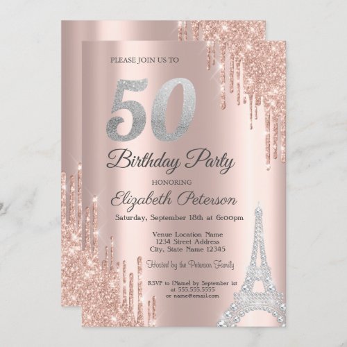  Glitter DripsDiamonds Eiffel Tower 50th Birthday Invitation