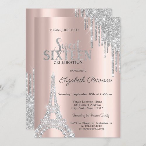 Glitter DripsDiamonds Eiffel Tower Sweet 16  Invitation