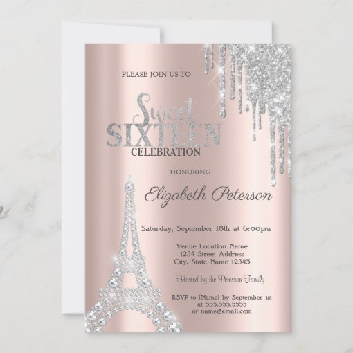 Glitter Drips Diamonds Eiffel Tower Sweet 16 Invitation Zazzle