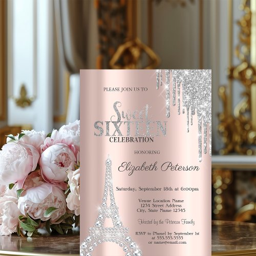 Glitter DripsDiamonds Eiffel Tower Sweet 16  Invitation