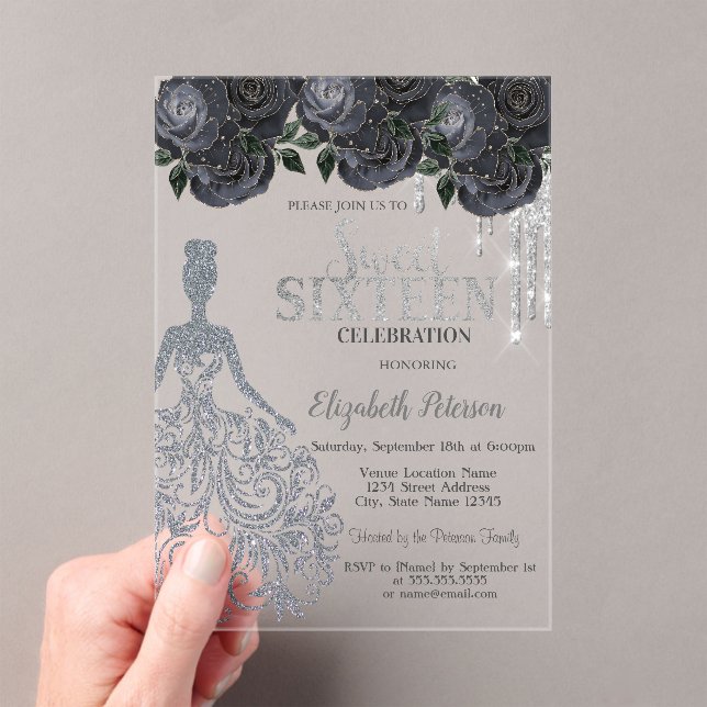 Glitter Drips,Dress Black Roses Sweet 16   Invitat Acrylic Invitations (Insitu (Handheld))