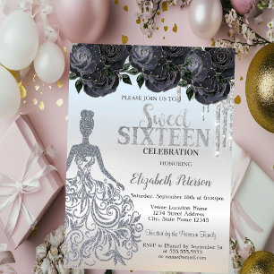 Glitter Drips,Dress Black Roses Sweet 16 Invitation