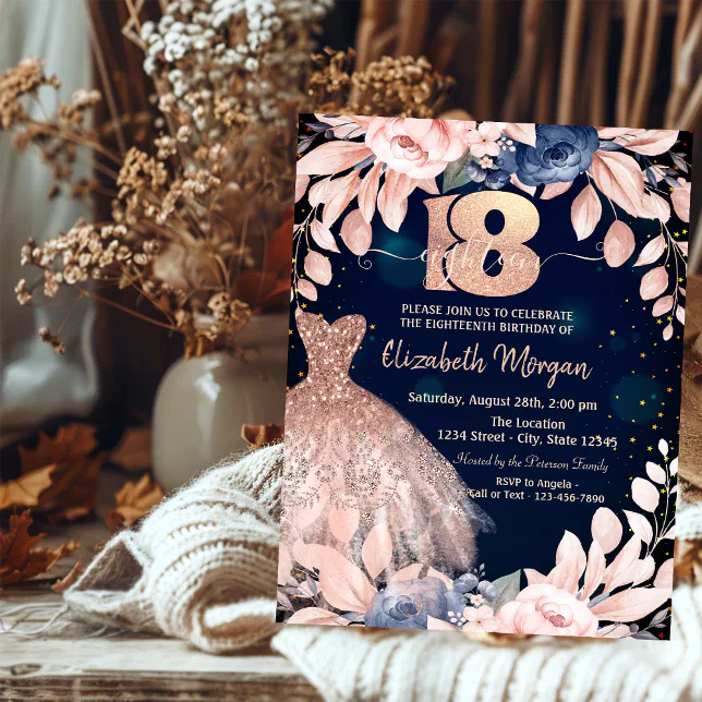 Glitter Drips Dress Blue Flowers 18th Birthday Invitation | Zazzle Glitter Drips Dress Blue Flowers 18th Birthday Invitation | Zazzle