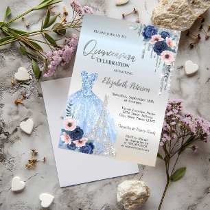 Glitter Drips,Dress,Blue Roses Quinceañera  Invitation