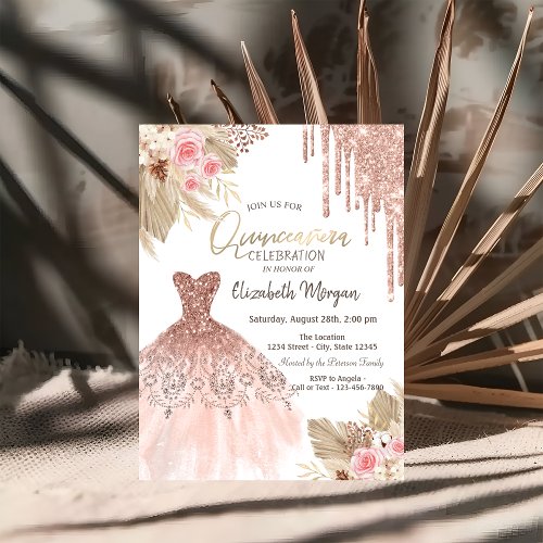 Glitter Drips Dress Boho Flowers Quinceaera  Invitation