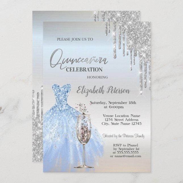 Glitter Drips,Dress,Champagne Glass Quinceañera  Invitation (Front/Back)