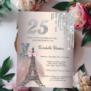 Glitter Drips Dress Eiffel Tower Bow 25th  Invitation