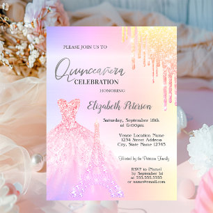 Glitter Drips,Dress,Eiffel Tower OmbreQuinceañera Invitation