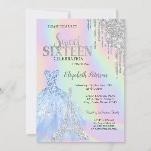 Glitter DripsDressEiffel Tower Opal Sweet 16   Invitation