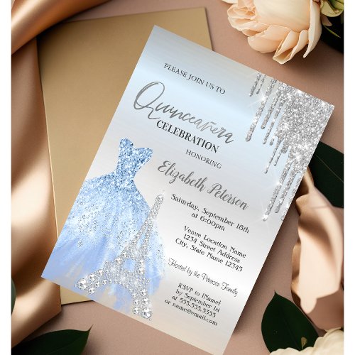 Glitter DripsDressEiffel Tower Quinceaera Invitation