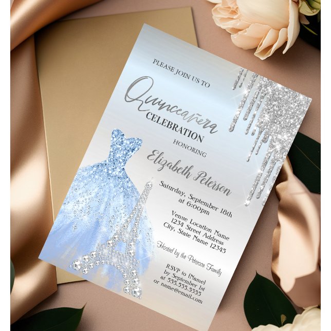 Glitter Drips,Dress,Eiffel Tower Quinceañera Invitation (Creator Uploaded)
