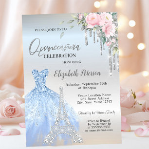Glitter Drips,Dress,Eiffel Tower Roses Quinceañera Invitation