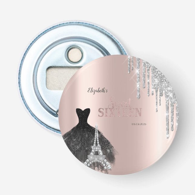 Glitter Drips,Dress,Eiffel Tower Sweet 16 Bottle Opener (Front)