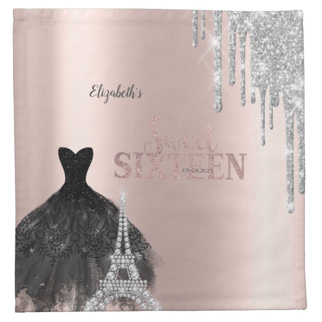 Glitter Drips,Dress,Eiffel Tower Sweet 16 Cloth Napkin (Front)