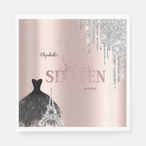 Glitter Drips,Dress,Eiffel Tower Sweet 16 Napkins