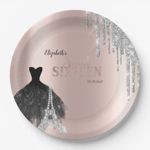 Glitter Drips,Dress,Eiffel Tower Sweet 16 Paper Plates