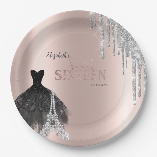 Glitter Drips,Dress,Eiffel Tower Sweet 16 Paper Plates (Front)