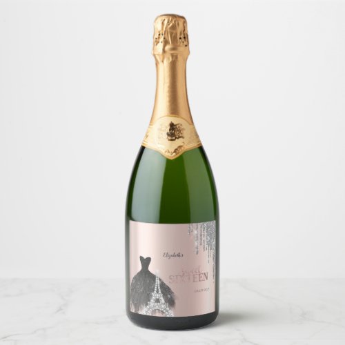 Glitter Drips,Dress,Eiffel Tower Sweet 16 Sparkling Wine Label